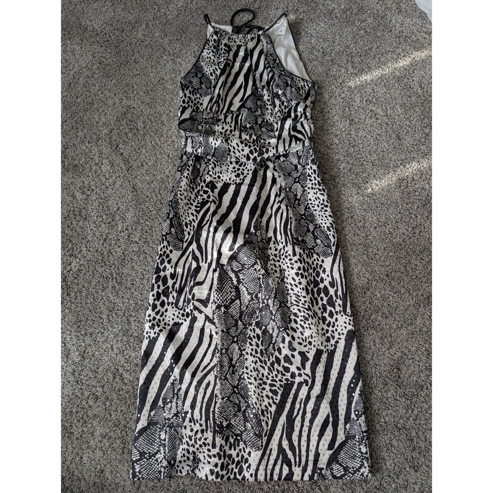 Joseph Ribkoff Animal Print Sequin Halter Midi Dress Black White Womens 4